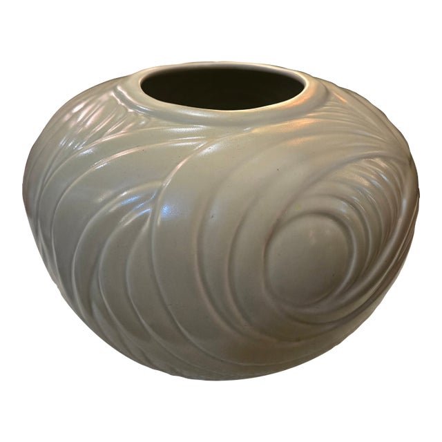 Vintage Japanese Ceramic Vase With Seafoam Celadon Glaze and Swirl Pattern For Sale
