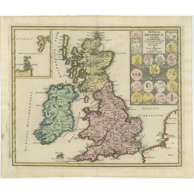 Britain and Ireland Map with Roman and British Coins, Weigel, 1718 For Sale - Image 11 of 11