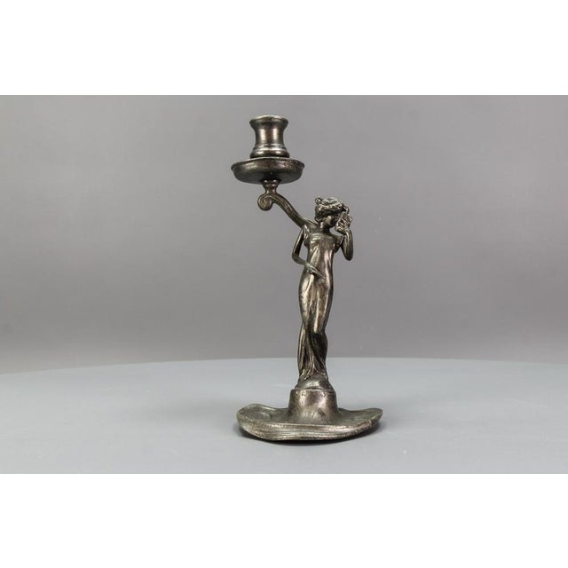 French Art Nouveau Pewter Candlestick with Lady Sculpture, 1920s For Sale - Image 16 of 18
