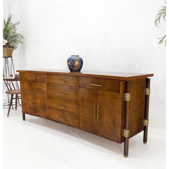 Romweber Walnut Hammered Pulls 6 Drawers 2 Doors Compartments Long Dresser Credenza For Sale - Image 4 of 12