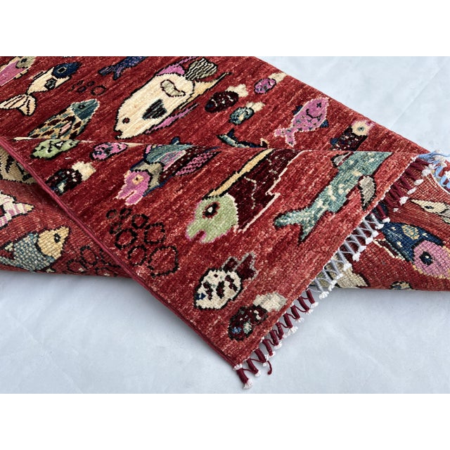 Red Hand-Knotted Pictorial Fish Runner on Red Ground, 2'8" X 8'0" For Sale - Image 8 of 9