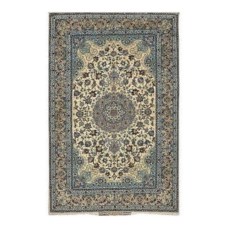 1940s Traditional Ivory Medallion Antique Isfahan Silk by Sarraf Mamoury Rug For Sale