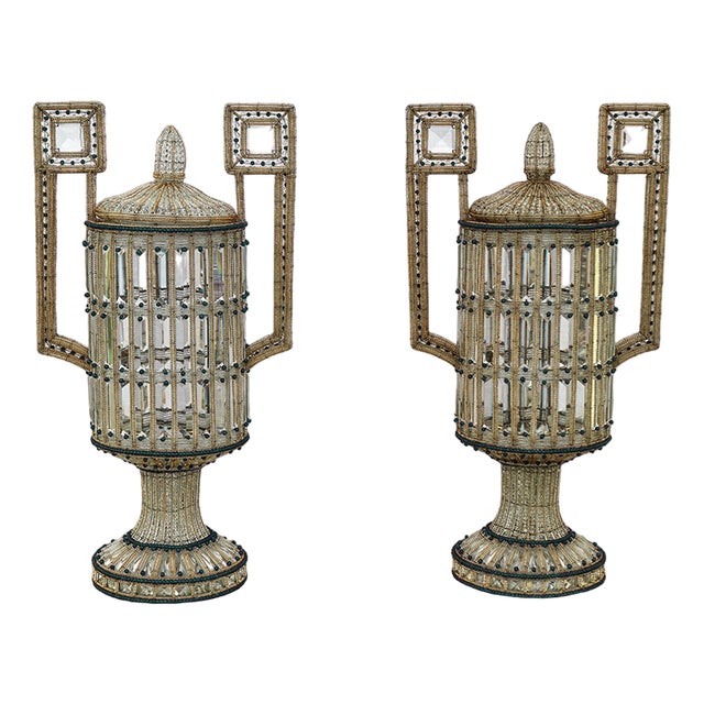 Art Deco Style Glass Bead Table Lamps, 1950s, Set of 2 For Sale
