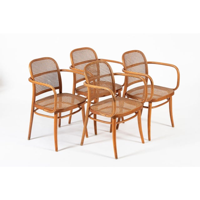 1960s Vintage Bent Wood & Wicker Cafe Chairs by Josef Hoffman for Ligna 1960s - Set of 4 For Sale - Image 5 of 12
