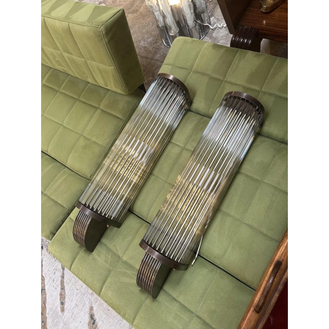 Pair of Vintage Italian Art Deco Wall Sconces in Bronze and Glass For Sale - Image 13 of 14