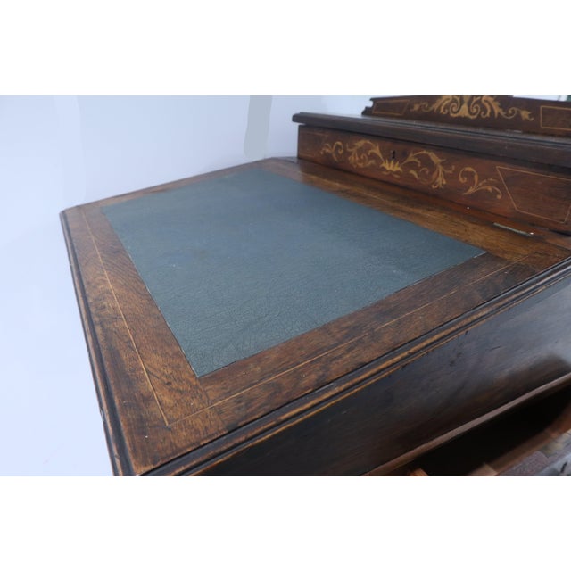 Mid 19th Century Mid 19th Century Beautiful Antique Rosewood Marquetry Writing Desk With Dual Flip Tops, Drawers & Wheels For Sale - Image 5 of 13