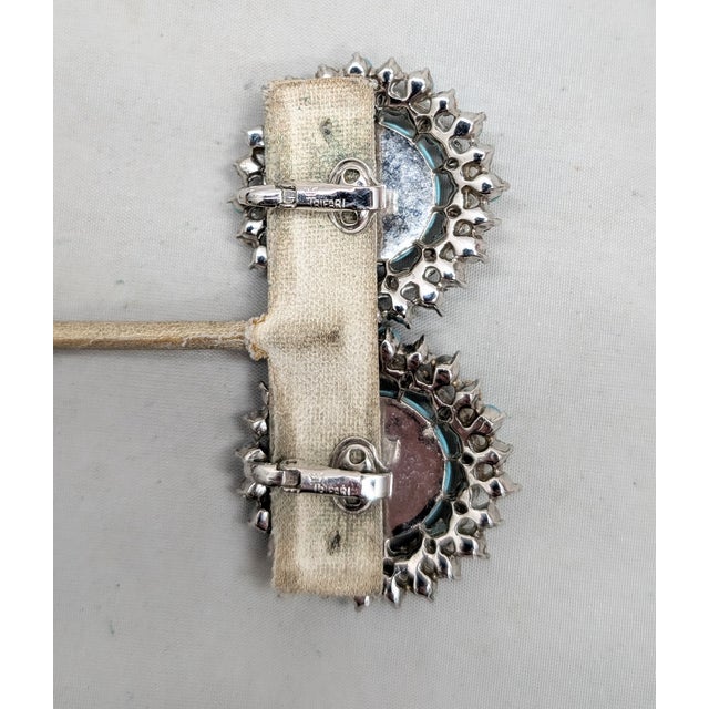 Metal Vintage 1950s Signed Crown Trifari Big Cabochon Faux-Turquoise & Faux-Garnet Clip Earrings-2 Pieces For Sale - Image 7 of 8