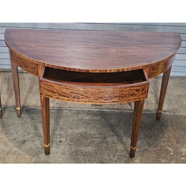 Early 20th Century Pair Federal Mahogany Demi Lune Hall Tables Console Tables Dining Table Inlay For Sale In Cleveland - Image 6 of 12