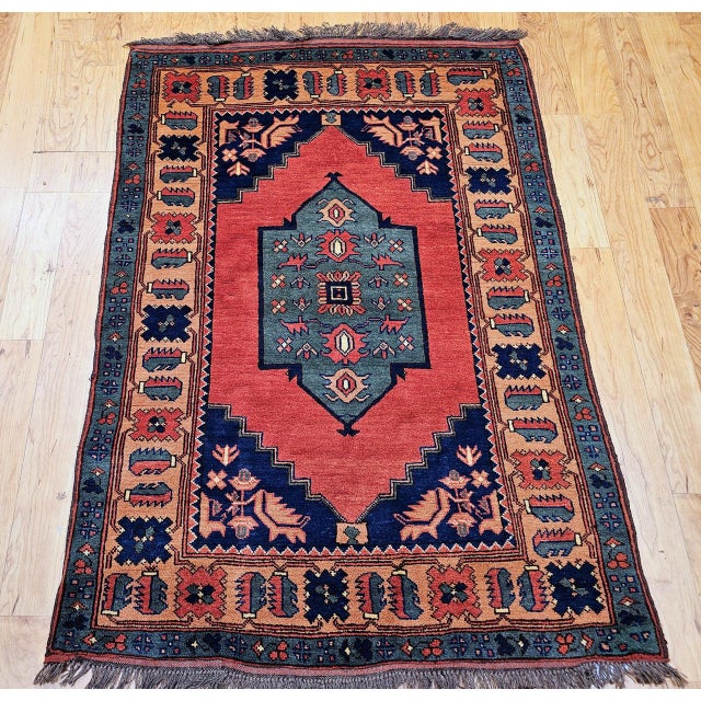 Vintage Kurdish Tribal Area Rug, Handwoven Wool, Red Medallion Design, 4' x 5' For Sale - Image 11 of 18