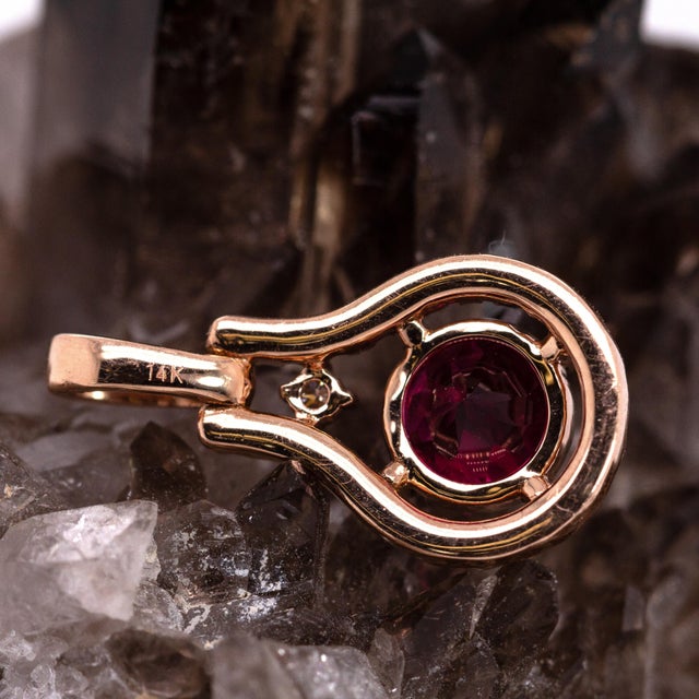 Red Dainty Rubellite Tourmaline & Natural Diamond Halo Pendant: Solid 14k Gold, 6mm For Sale - Image 8 of 8