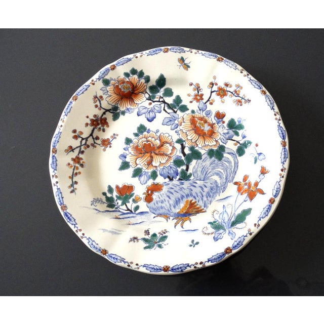 Blue Art Deco Plate with Rooster and Peony Decoration from Gien, 1940s For Sale - Image 8 of 9