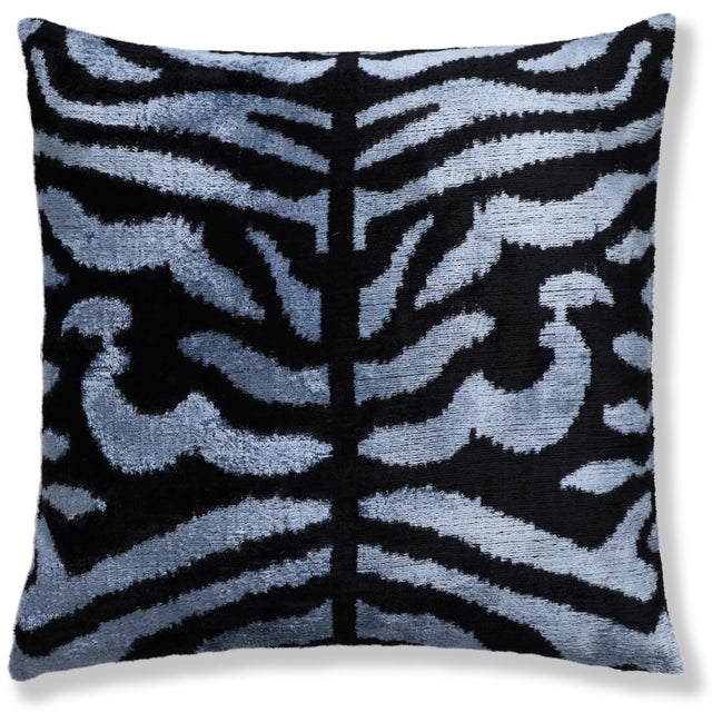 "his 16x16 inch luxury silk velvet pillow features a striking abstract pattern in soft blue-gray and deep black, offering...