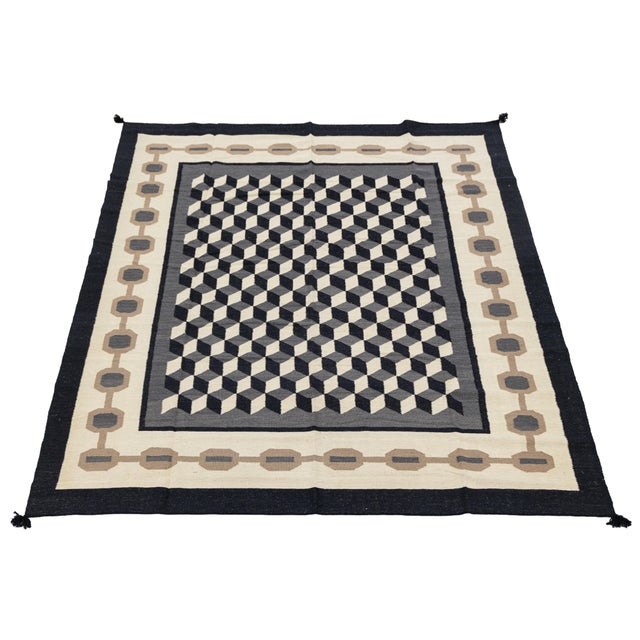 Contemporary Navajo Style Geometric Wool Area Rug – Optical Cubes in Charcoa For Sale - Image 9 of 9