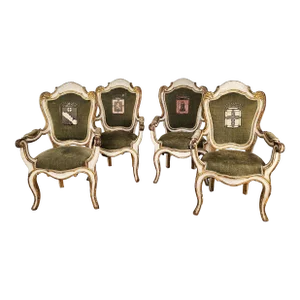Set of Four Swedish Baroque Painted and Gilt Chairs With Armorial Upholstery, Circa 1760