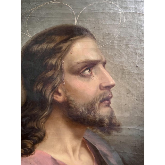 This work depicts Christ in a bust-length portrait, facing right, his gaze raised to heaven in an expression of profound...