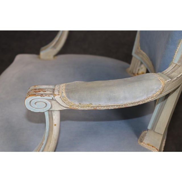 Pair of French Louis XVI Style Creme & Blue Paint Decorated Armchairs C. 1930's For Sale - Image 13 of 15