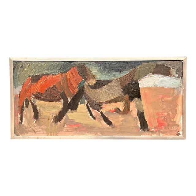 Calle Johansson, Two Horses, 1959, Oil Painting on Panel, Framed For Sale