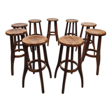 Vintage Brutalist Wooden Barstools, 1970s, Set of 12 For Sale