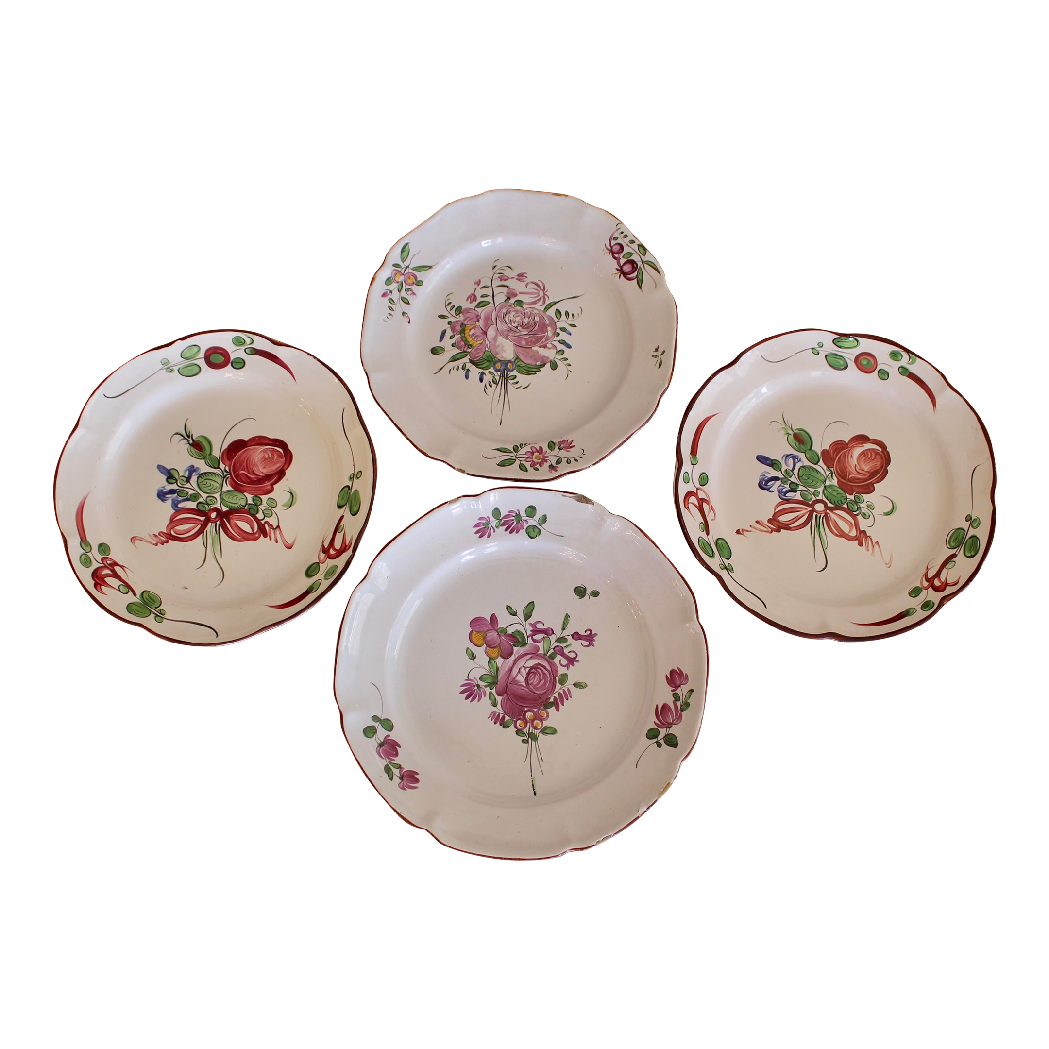 FAIENCERIE DE CHAROLLESフランス製陶器皿セット【ピンク】 Group of Four Antique French Faience Plates, Pink Floral Designs