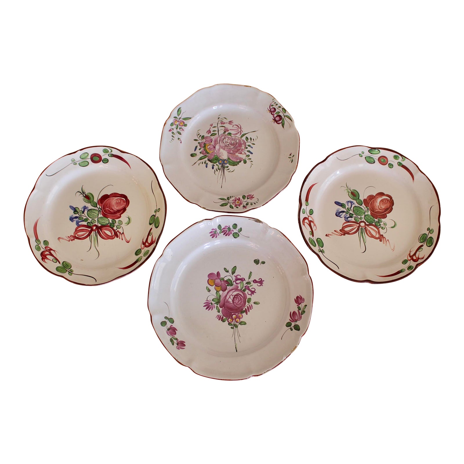 Group of Four Antique French Faience Plates, Pink Floral Designs