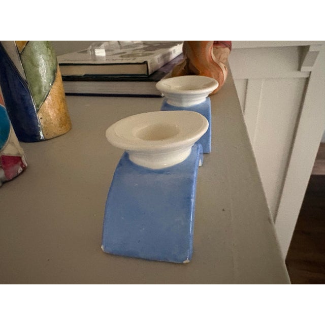 Cream Pair of Vintage Czech Blue & Cream Ceramic Candlesticks For Sale - Image 8 of 11
