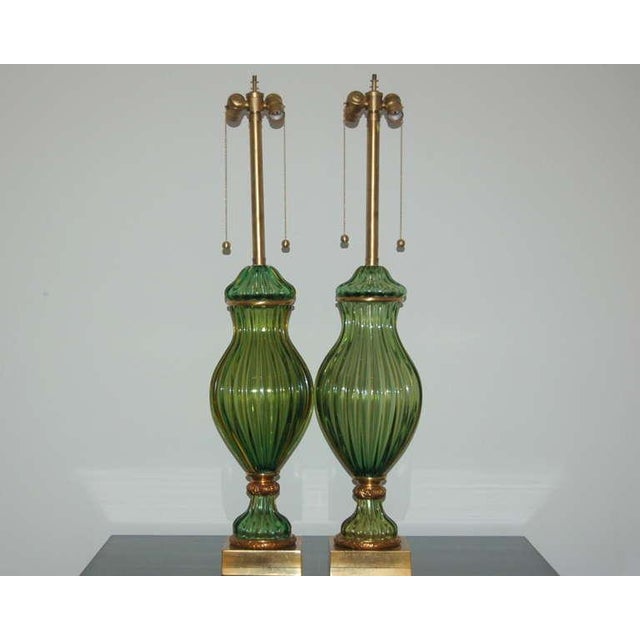 A hard to find matched pair of tall Murano glass table lamps in GREEN, by The Marbro Lamp Company. Very elegant styling!...