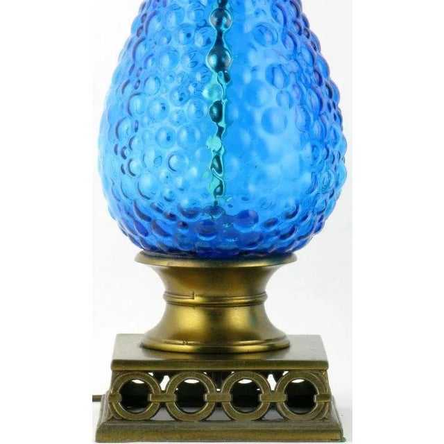 Bubble Textured Blue Glass Table Lamps With Brass Accents - a Pair For Sale In Chicago - Image 6 of 9