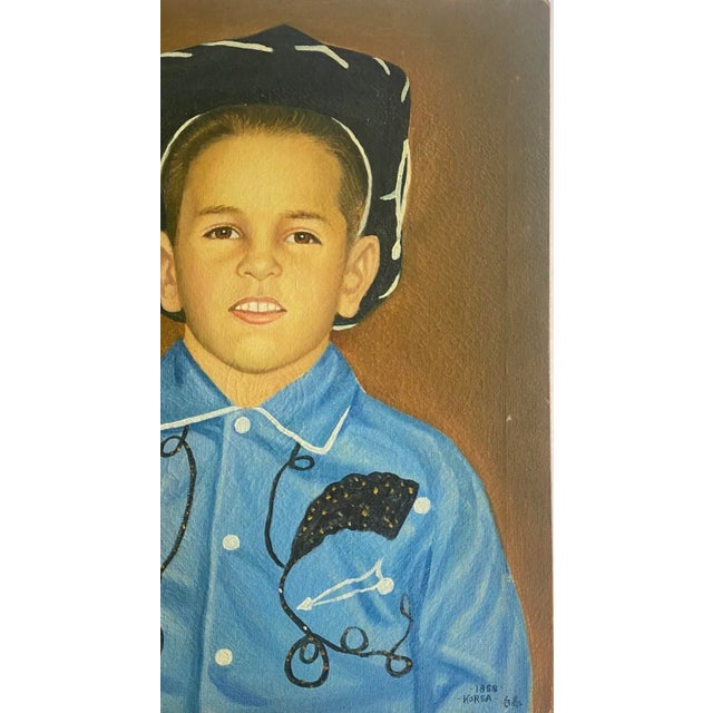 Realism Mid 20th Century Portrait Oil on Canvas Painting of Cowboy Signed, Korea 1958 For Sale - Image 3 of 8