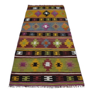 1970s Scandinavian Green Striped Kilim Rug For Sale