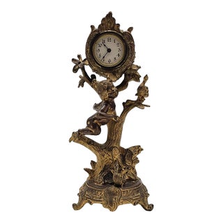 Art Nouveau Figural Mantel Clock With Girl and Ducks Tree Form 15" For Sale