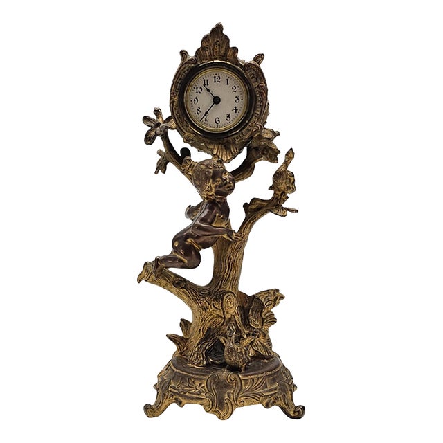 Art Nouveau Figural Mantel Clock With Girl and Ducks Tree Form 15" For Sale