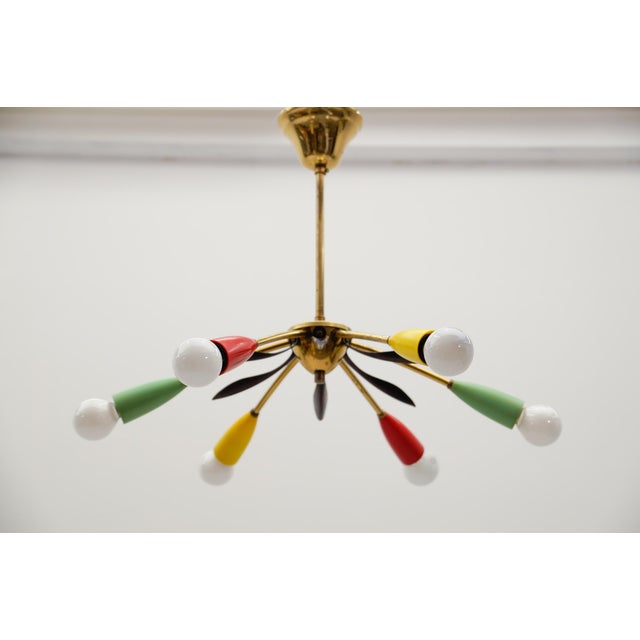 Mid-century modern multicolored 6-armed brass sputnik lamp, 1950s italy with nice original midcentury patina. Little since...