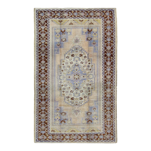 Vintage Turkish Oushak Rug in Brown, Light Purple, Blue, Camel and Wheat Colors 6'5 X 10'4