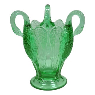 Vintage Imperial Glass Co. Carnival Glass Emerald Green 3 Headed Swan Crane Vase For Sale