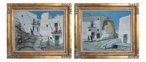 Miquel Tort Masgrau, Ibizan Village Scenes, Oil Paintings, Framed, Set of 2