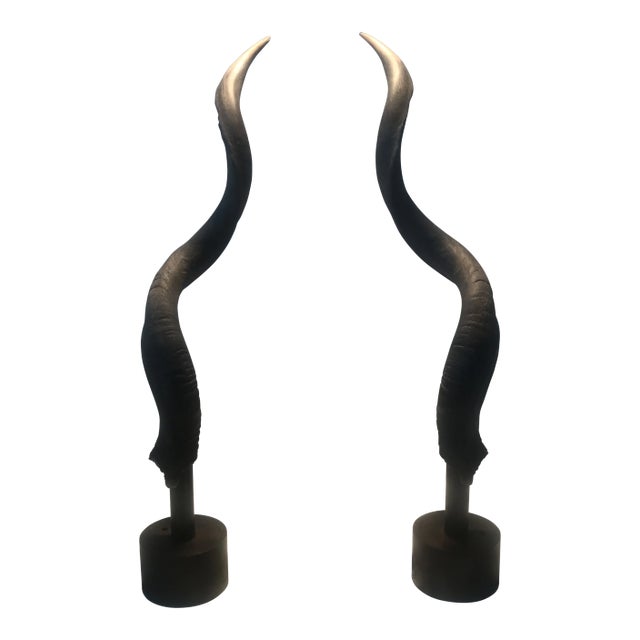Vintage African Kudu Horn Sculpture on Steel Stand - a Pair For Sale