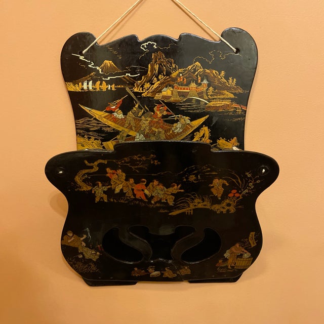 Late 19th Century Chinoiserie Black Lacquer Wall Letter Holder For Sale - Image 6 of 6
