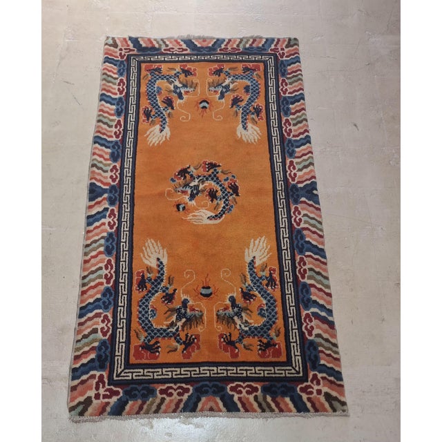 Orange Vintage Chinese Dragon Rug, Hand Knotted Wool Tibetan Style Chinoiserie Accent Rug 5'8" X 3' For Sale - Image 8 of 9