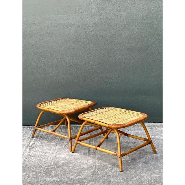 Vintage Rattan Low Stools - Pair For Sale - Image 10 of 12