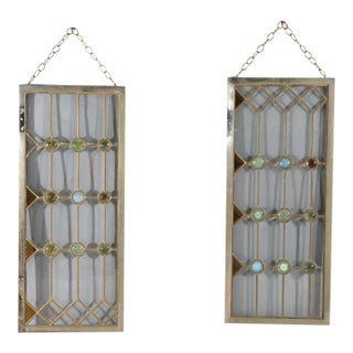 Pair of Antique Frank Lloyd Wright School Leaded Glass & Jeweled Window C1910 For Sale