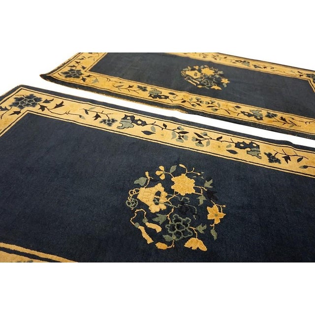 1920s 1920s Navy Open Field Floral Deco Oriental Antique Peking Knotted Wool Small Rug For Sale - Image 5 of 6