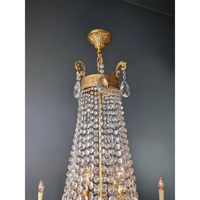 1910s Empire Brass Crystal Lustre Chandelier Ceiling Light For Sale - Image 9 of 12