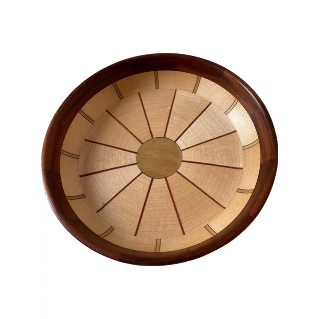 Brown Artisan Multiple Wood Mosaic Bowl Signed For Sale - Image 8 of 9