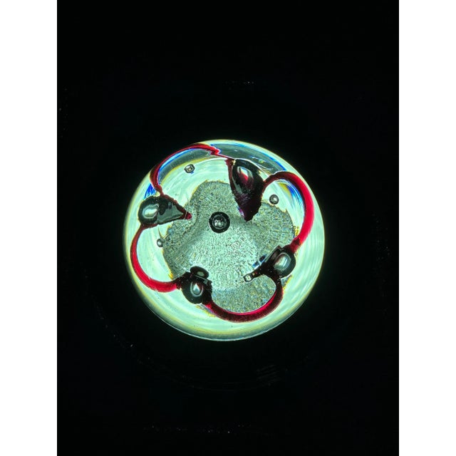 Transparent 1970s Adam Jablonski Signed Hand Blown Crystal Art, Red Ribbon Suspended on Controlled Bubbles Paperweight For Sale - Image 8 of 11