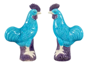 Chinese Export Porcelain Turquoise and Purple Roosters, a Pair