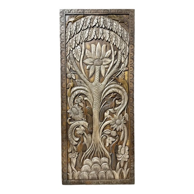 Vintage Carved Tree of Life Barn Door – Handcrafted Decorative Wall Art Panel 83x36 For Sale