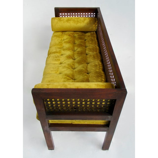 Auburn C.1970's Crushed Velvet Velour Button-Tufted Upholstered Caned Wood Bench With Bolster Pillows For Sale - Image 8 of 18