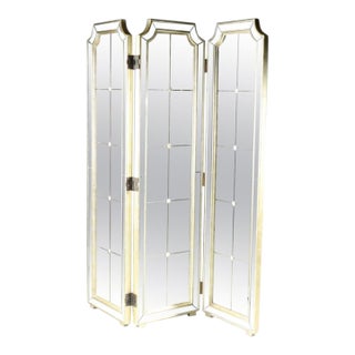 Hollywood Regency Venetian Mirrored Screen Room Divider 3 Panel Silver Gilt For Sale