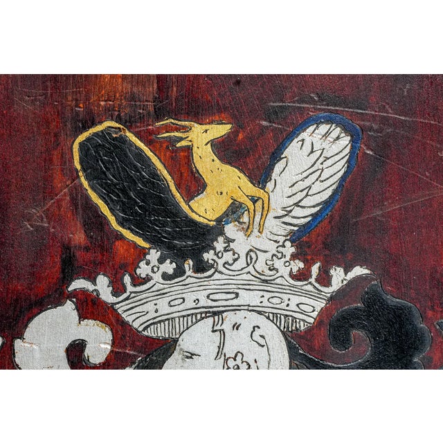 1910s Distinguished Antique Heraldic Coat of Arms Plaque Hand-Made Painted Wood Armorial For Sale - Image 5 of 14