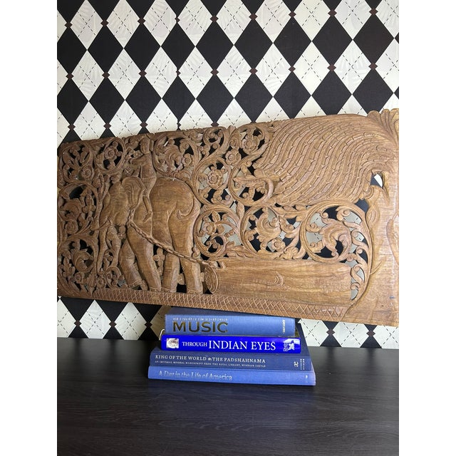 Hand-Carved Thai Teak Elephant & Rider Wall Panel With Floral Openwork, Large 36" For Sale - Image 9 of 13